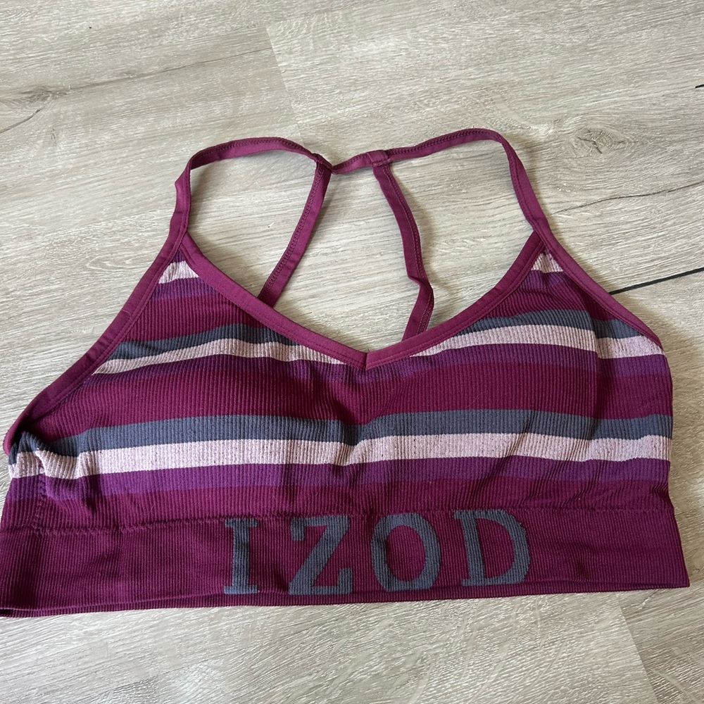 Izod Burgundy and Gray Striped Sports Bra